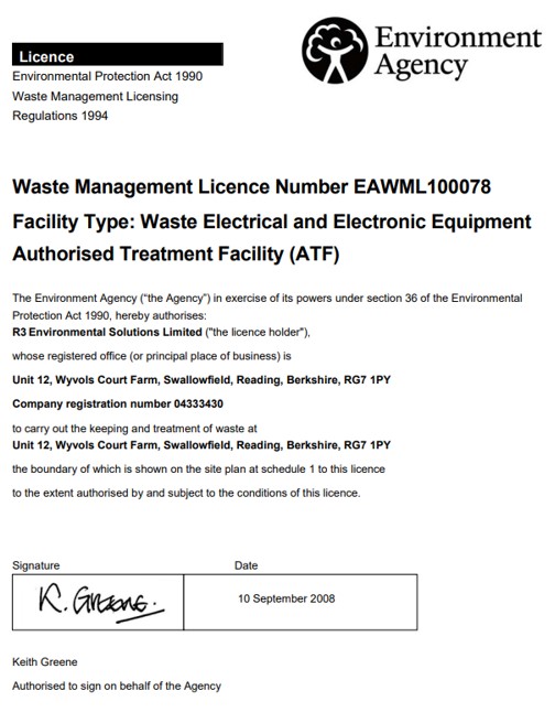 AFT Waste Permit disposal of electronics Reading