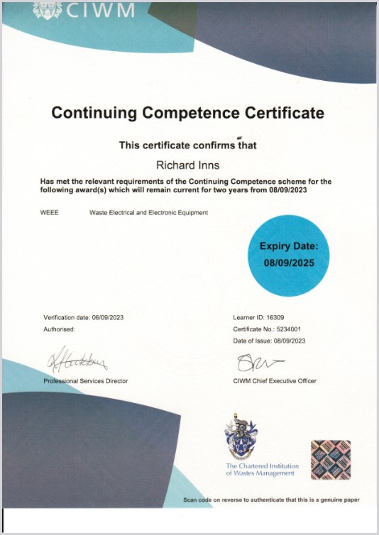 Waste electronics Reading Berkshire Certification